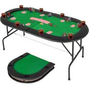 imageGiantex 8 Player Poker Table Foldable Folding Card Board Game Table w8 Cup Holders amp Comfy Armrests Casino Grade Felt Portable Oval Texas Holdem Blackjack Poker Tables No Assemble RequiredBright Green Plain