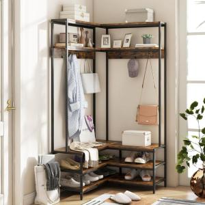 imageGiantex Corner Coat Rack with Shoe Bench LShaped Garment Rack with 5 Shelves amp 7 Hooks Heavy Duty Freestanding Clothes Racks Entryway Bench with Shoes Organizer for Hallway Walnut amp BlackRustic Brown  Black