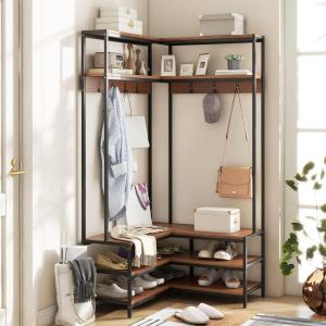 imageGiantex Corner Coat Rack with Shoe Bench LShaped Garment Rack with 5 Shelves amp 7 Hooks Heavy Duty Freestanding Clothes Racks Entryway Bench with Shoes Organizer for Hallway Walnut amp BlackWalnut  Black