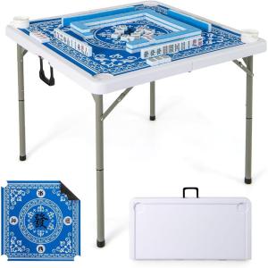 imageGiantex Folding Mahjong Table 35 Square Card Table with Cup Holders Removable Noise Reduction Mat HDPE Tabletop 4Player Portable Domino Tables for Poker Blackjack Board Game NavyBlue