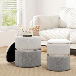 imageGiantex Ottoman with Storage  Set of 2 Storage Ottomans 1 Large amp 1 Small Nesting Ottoman Side Table Upholstered Velvet Round Foot Rest Vanity Stool for Bedroom Living Room Beige amp GoldenGray  Silver