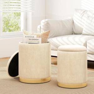 imageGiantex Ottoman with Storage  Set of 2 Storage Ottomans 1 Large amp 1 Small Nesting Ottoman Side Table Upholstered Velvet Round Foot Rest Vanity Stool for Bedroom Living Room Beige amp GoldenBeige  Golden