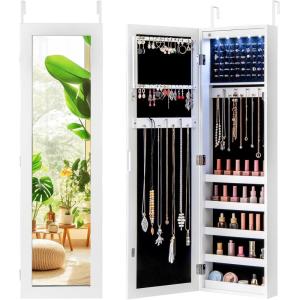 imageGiantex Wall Door Mounted Jewelry Cabinet with Full Length Mirror Lockable Over Door Jewelry Armoire with LED Lights 475 Large Jewelry Storage Organizer with 6 Drawers EspressoWhite