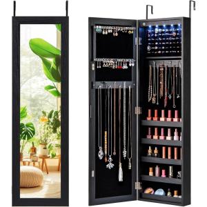 imageGiantex Wall Door Mounted Jewelry Cabinet with Full Length Mirror Lockable Over Door Jewelry Armoire with LED Lights 475 Large Jewelry Storage Organizer with 6 Drawers EspressoBlack