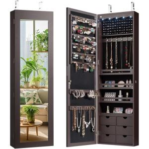 imageGiantex Wall Door Mounted Jewelry Cabinet with Full Length Mirror Lockable Over Door Jewelry Armoire with LED Lights 475 Large Jewelry Storage Organizer with 6 Drawers EspressoEspresso
