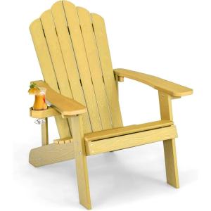 imageGiantex Outdoor Adirondack Chair  Oversized Patio Chairs wHidden Cup Holder Realistic Wood Grain 380 LBS Weight Capacity Weather Resistant Firepit Chairs for Backyard Garden 1 WhiteYellow