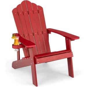 imageGiantex Outdoor Adirondack Chair  Oversized Patio Chairs wHidden Cup Holder Realistic Wood Grain 380 LBS Weight Capacity Weather Resistant Firepit Chairs for Backyard Garden 1 WhiteRed