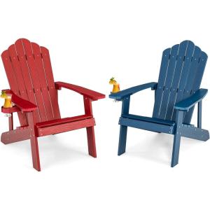 imageGiantex Outdoor Adirondack Chair  Oversized Patio Chairs wHidden Cup Holder Realistic Wood Grain 380 LBS Weight Capacity Weather Resistant Firepit Chairs for Backyard Garden 1 WhiteRed  Navy