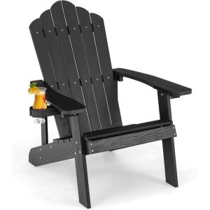 imageGiantex Outdoor Adirondack Chair  Oversized Patio Chairs wHidden Cup Holder Realistic Wood Grain 380 LBS Weight Capacity Weather Resistant Firepit Chairs for Backyard Garden 1 WhiteBlack