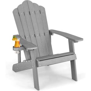 imageGiantex Outdoor Adirondack Chair  Oversized Patio Chairs wHidden Cup Holder Realistic Wood Grain 380 LBS Weight Capacity Weather Resistant Firepit Chairs for Backyard Garden 1 WhiteLight Grey