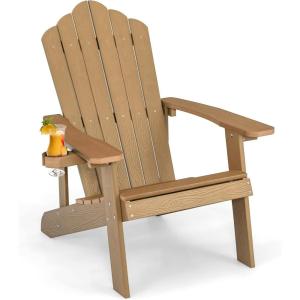 imageGiantex Outdoor Adirondack Chair  Oversized Patio Chairs wHidden Cup Holder Realistic Wood Grain 380 LBS Weight Capacity Weather Resistant Firepit Chairs for Backyard Garden 1 WhiteTeak