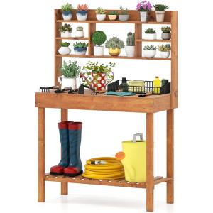 imageGiantex Potting Bench Outside Solid Wood Potting Table with Flipup Tabletop Shelves Indoor Outdoor Wooden Workbench for Patio Porch Balcony Potted Plant Display Rack 42x18x60 NaturalBrown