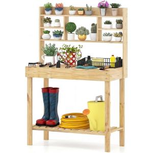 imageGiantex Potting Bench Outside Solid Wood Potting Table with Flipup Tabletop Shelves Indoor Outdoor Wooden Workbench for Patio Porch Balcony Potted Plant Display Rack 42x18x60 NaturalNatural
