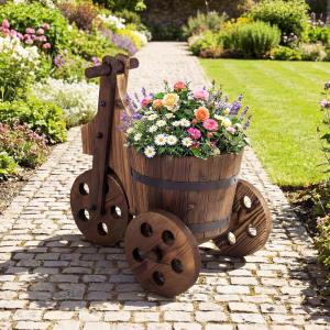 imageGiantex Wooden Wagon Planter with Wheels Rustic Wood Plant Stand with 3 Wheels amp Drainage Hole for Flowers Herbs Vegetables Indoor Outdoor Decorative Garden Flower Cart for Patio Backyard 11