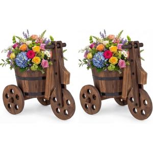 imageGiantex Wooden Wagon Planter with Wheels Rustic Wood Plant Stand with 3 Wheels amp Drainage Hole for Flowers Herbs Vegetables Indoor Outdoor Decorative Garden Flower Cart for Patio Backyard 12