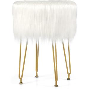 imageGiantex Faux Fur Vanity Stool Chair Pink Round Furry Makeup Stool with Adjustable Footings Fluffy Padded Seat 4 Metal Legs Small Ottoman Foot Rest for Living Room Bedroom Makeup Room EntrywayWhite