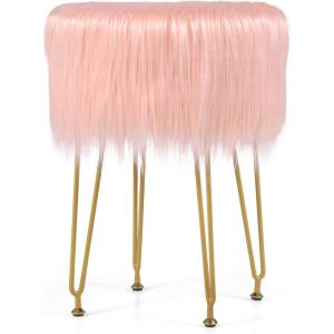 imageGiantex Faux Fur Vanity Stool Chair Pink Round Furry Makeup Stool with Adjustable Footings Fluffy Padded Seat 4 Metal Legs Small Ottoman Foot Rest for Living Room Bedroom Makeup Room EntrywayPink