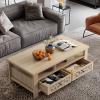 imageGiantex 2Tier Coffee Table 465 Rectangular Center Table wAcrylic Mirror Design Wooden Table wLarge Tabletop Open Shelf 2 Drawers amp 5 Support Legs Accent Living Room Furniture NaturalNatural