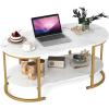 imageGiantex 2Tier Coffee Table Oval Center Table with Wood Grain Top amp Open Storage Shelf Modern Accent Table with Heavy Duty Metal Frame Cocktail Table for Living Room Reception BlackWhite