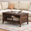 imageGiantex Farmhouse Coffee Table 2Tier Center Table with Storage Open Shelf amp Woven Slatted Design 395 Rectangular Accent Cocktail Table Wood Coffee Tables for Living Room Rustic OakRustic Brown