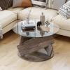 imageGiantex Glass Round Coffee Table 32 Inch Modern Center Table with Clear Tempered Glass Top Solid Wood Legs Farmhouse Living Room Tables for Small Space Apartment Grey Oak