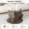 imageGiantex Glass Round Coffee Table 32 Inch Modern Center Table with Clear Tempered Glass Top Solid Wood Legs Farmhouse Living Room Tables for Small Space Apartment Grey Oak