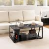 imageGiantex Modern Coffee Table with Storage 2Tier Rustic Wood Center Table with Shelf Compartment Metal Frame Rectangular Geometric Living Room Table for Apartment OakEspresso