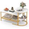 imageGiantex Nesting Coffee Table Set of 2 Detachable Rectangular Table amp Round Table Set wWood Grain Sturdy Golden Metal Frame Modern Stacking Side Table for Living Room Bedroom Rustic BrownGold  White
