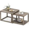 imageGiantex Nesting Coffee Table Set of 2 Stackable 2Tier End Tables with Storage Shelf Rubber Wood Frame Farmhouse Nesting Tables for Living Room Bedroom Small Space Grey Oak