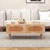 imageGiantex Rattan Coffee Table Mid Century Modern Center Table with 2 Storage Drawers amp Back Compartment Rectangular Accent Table with Solid Wood Legs for Living Room Natural