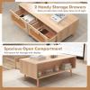 imageGiantex Rattan Coffee Table Mid Century Modern Center Table with 2 Storage Drawers amp Back Compartment Rectangular Accent Table with Solid Wood Legs for Living Room Natural