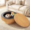 imageGiantex Round Coffee Table with Storage Modern Drum Fluted Center Table with Solid Wood Veneered Unique Circle Wood Coffee Table for Living Room Small Spaces NaturalNatural