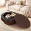 imageGiantex Round Coffee Table with Storage Modern Drum Fluted Center Table with Solid Wood Veneered Unique Circle Wood Coffee Table for Living Room Small Spaces NaturalBrown