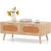 imageGiantex Rattan Coffee Table Mid Century Modern Center Table with 2 Storage Drawers amp Back Compartment Rectangular Accent Table with Solid Wood Legs for Living Room Natural
