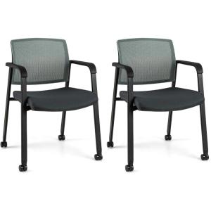 imageGiantex 2Pack Waiting Room Chair Set Rolling Office Desk Chairs with PU Wheels Armrests Stackable Guest Chair for Office School LobbyReception Conference BlackGrey