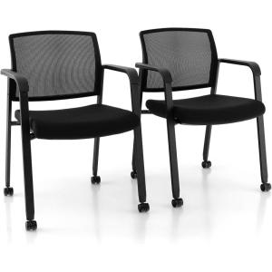 imageGiantex 2Pack Waiting Room Chair Set Rolling Office Desk Chairs with PU Wheels Armrests Stackable Guest Chair for Office School LobbyReception Conference BlackBlack