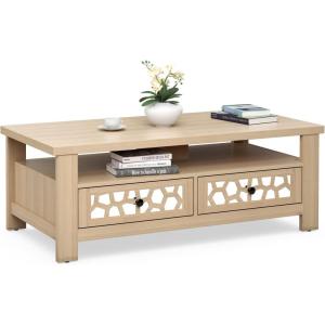 imageGiantex 2Tier Coffee Table 465 Rectangular Center Table wAcrylic Mirror Design Wooden Table wLarge Tabletop Open Shelf 2 Drawers amp 5 Support Legs Accent Living Room Furniture NaturalNatural