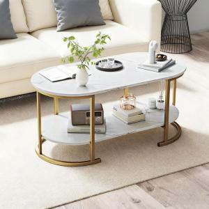 imageGiantex 2Tier Coffee Table Oval Center Table with Wood Grain Top amp Open Storage Shelf Modern Accent Table with Heavy Duty Metal Frame Cocktail Table for Living Room Reception BlackWhite