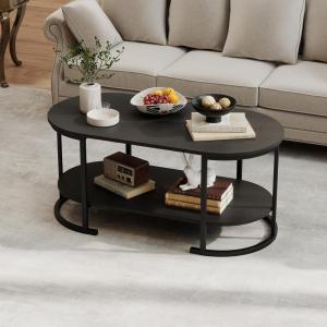 imageGiantex 2Tier Coffee Table Oval Center Table with Wood Grain Top amp Open Storage Shelf Modern Accent Table with Heavy Duty Metal Frame Cocktail Table for Living Room Reception BlackBlack