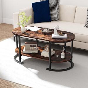 imageGiantex 2Tier Coffee Table Oval Center Table with Wood Grain Top amp Open Storage Shelf Modern Accent Table with Heavy Duty Metal Frame Cocktail Table for Living Room Reception BlackRustic Brown