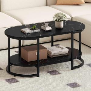 imageGiantex 2Tier Coffee Table Oval Center Table with Wood Grain Top amp Open Storage Shelf Modern Accent Table with Heavy Duty Metal Frame Cocktail Table for Living Room Reception BlackBlack Marble