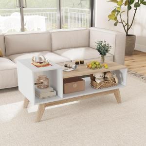 imageGiantex 2Tier Coffee Table with Storage Mid Century Modern Center Table Geometric Living Room Table for Small Space Apartment White
