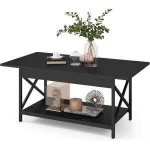 imageGiantex 2Tier Coffee Table with Storage Shelf Modern Accent Cocktail Tea Table with Reinforced XShaped Structure Solid Metal Legs amp Adjustable Feet Center Table for Living Room BlackBlack