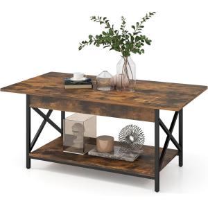 imageGiantex 2Tier Coffee Table with Storage Shelf Modern Accent Cocktail Tea Table with Reinforced XShaped Structure Solid Metal Legs amp Adjustable Feet Center Table for Living Room BlackRustic Brown