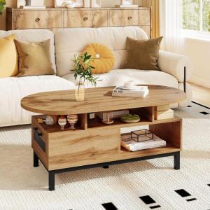 imageGiantex 47 Oval Coffee Table Cocktail Accent Center Table with Storage Compartments amp Drawer Wood Small Coffee Table with 5 Support Legs Mid Century Modern Living Room Tables NaturalNatural