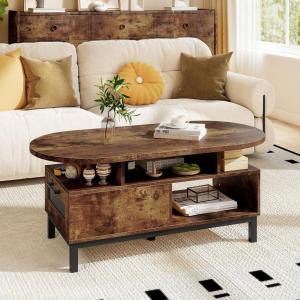 imageGiantex 47 Oval Coffee Table Cocktail Accent Center Table with Storage Compartments amp Drawer Wood Small Coffee Table with 5 Support Legs Mid Century Modern Living Room Tables NaturalRustic Brown
