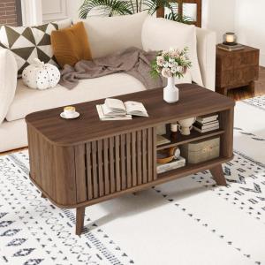 imageGiantex Coffee Table with Storage Mid Century Modern Tea Table with Adjustable Shelves amp 2 Doors Wood Coffee Tables wFluted Design Rectangular Farmhouse Center Table for Living Room Bedroom