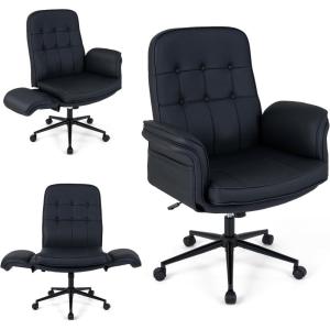imageGiantex Criss Cross Chair with Armrests amp Wheels Cat Scratch Leather Makeup Vanity Chair with Rocking Backrest amp Removable Cushion Adjustable Swivel Computer Office Desk Chair for Bedroom Black