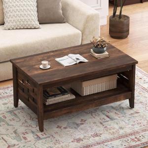 imageGiantex Farmhouse Coffee Table 2Tier Center Table with Storage Open Shelf amp Woven Slatted Design 395 Rectangular Accent Cocktail Table Wood Coffee Tables for Living Room Rustic OakRustic Brown