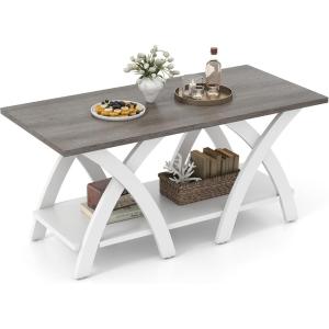 imageGiantex Farmhouse Coffee Table 2Tier Wood Center Table with Storage Shelf amp XShaped Support Legs 40 Inch Rectangular Living Room Table with Open Display Area for Small Space Grey OakampWhiteGrey Oak  White